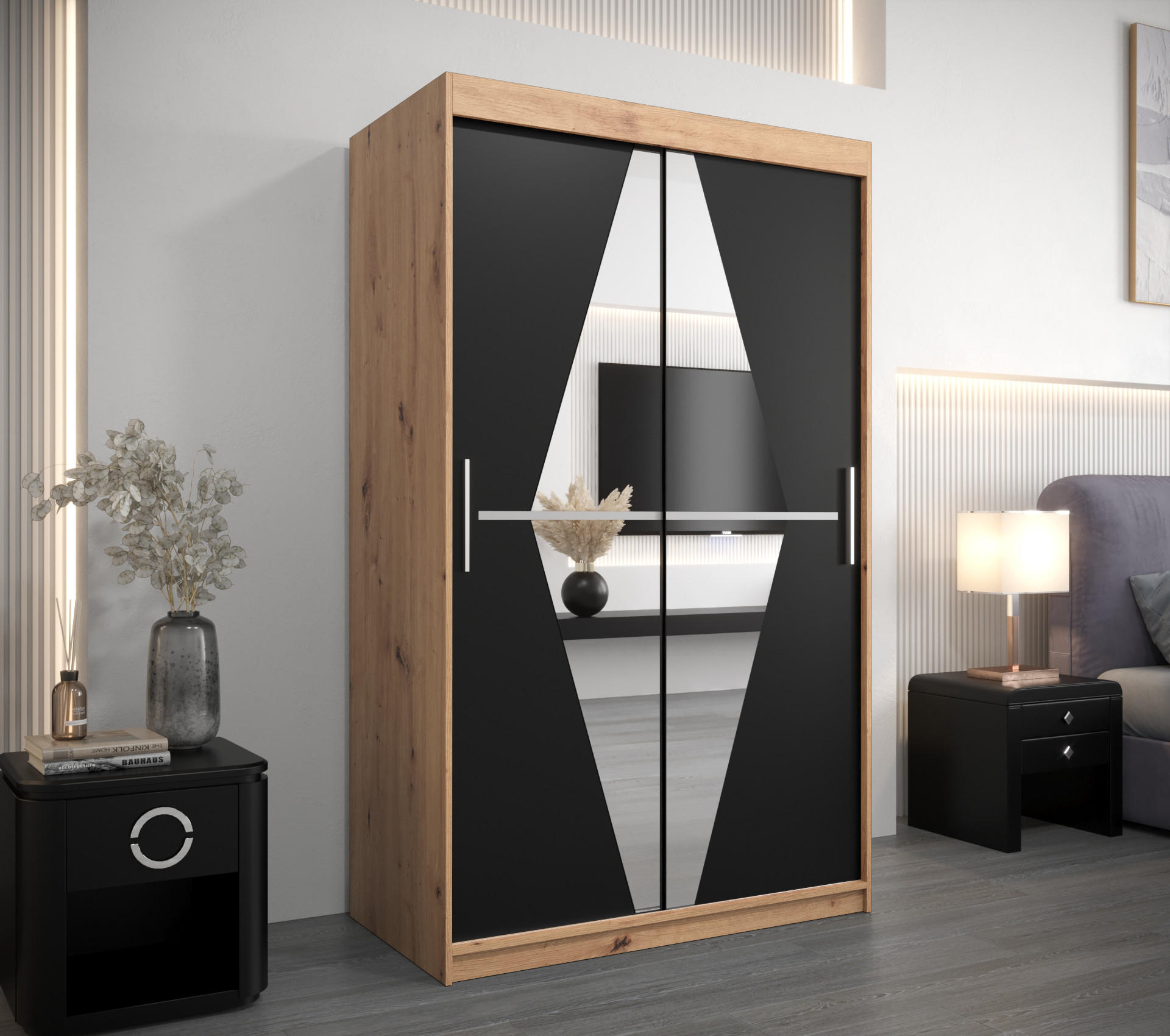 SCHWEBETÜRENSCHRANK 200/120/62 2-türig - Silberfarben/Schwarz, Holz/Kunststoff (120/200/62cm) - Abiks Möbel