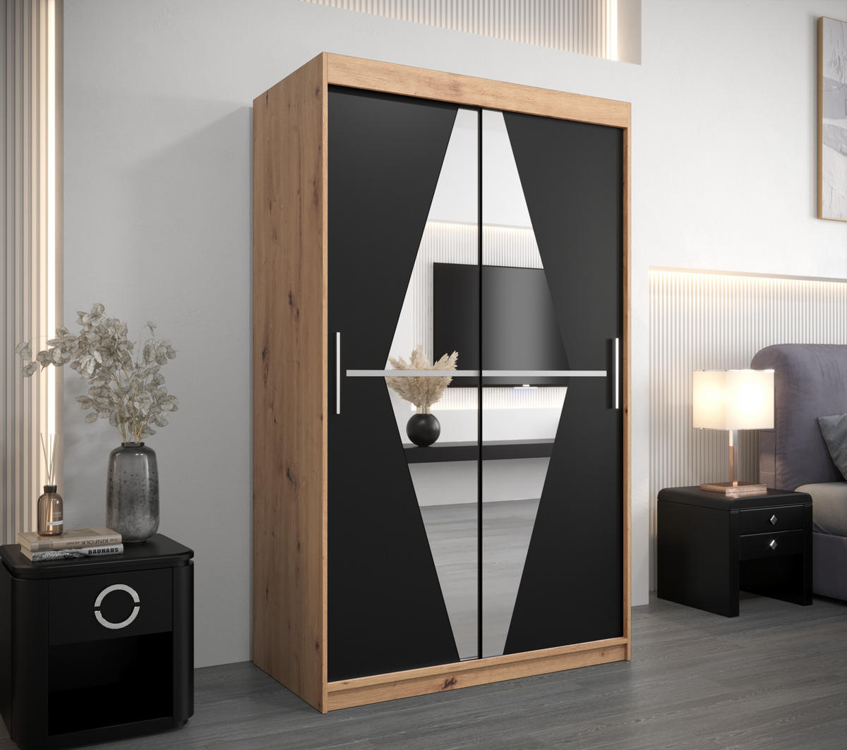 SCHWEBETÜRENSCHRANK 200/120/62 2-türig - Silberfarben/Schwarz, Holz/Kunststoff (120/200/62cm) - Abiks Möbel