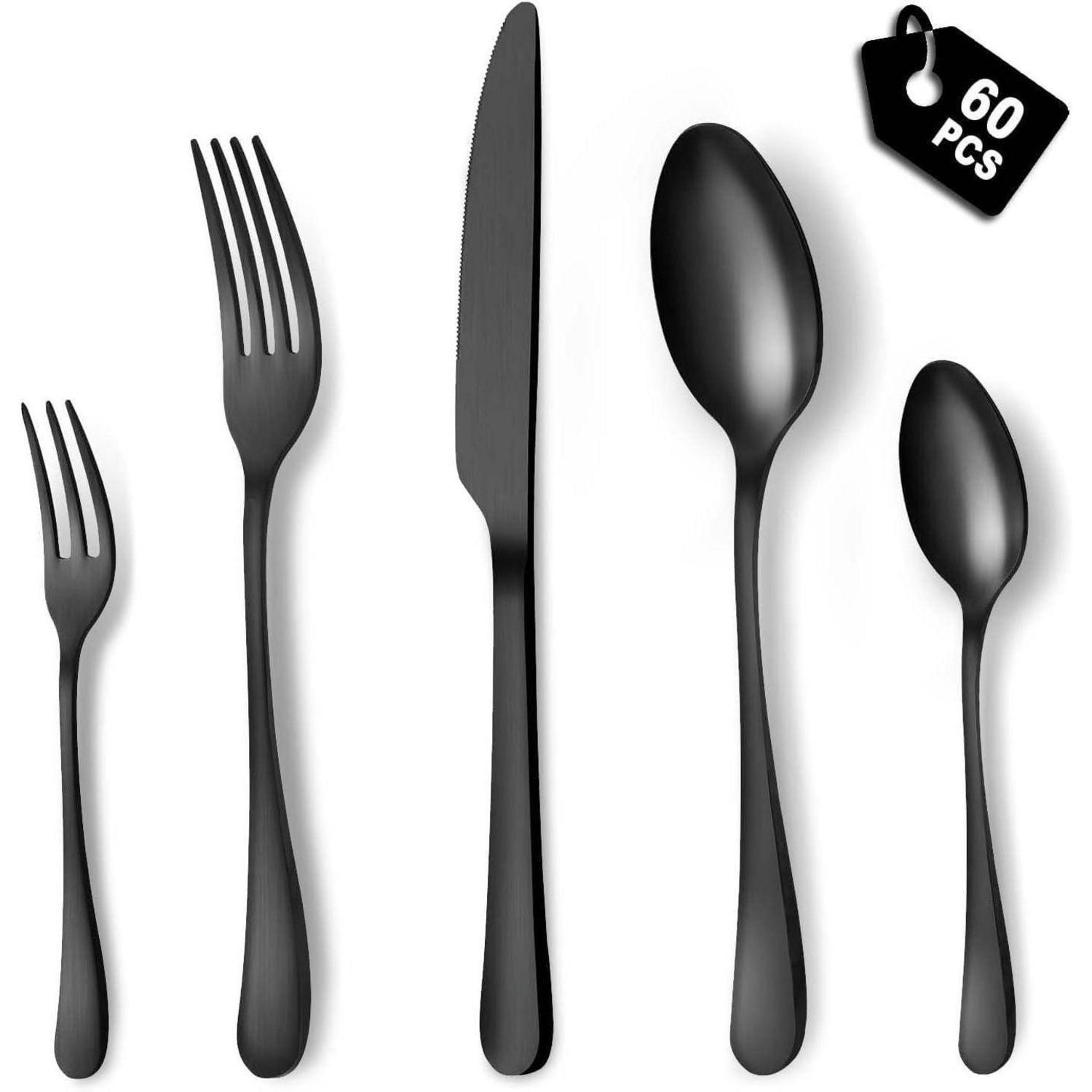 BESTECK Set 60-teilig Schwarz Mattiert - Schwarz, Metall