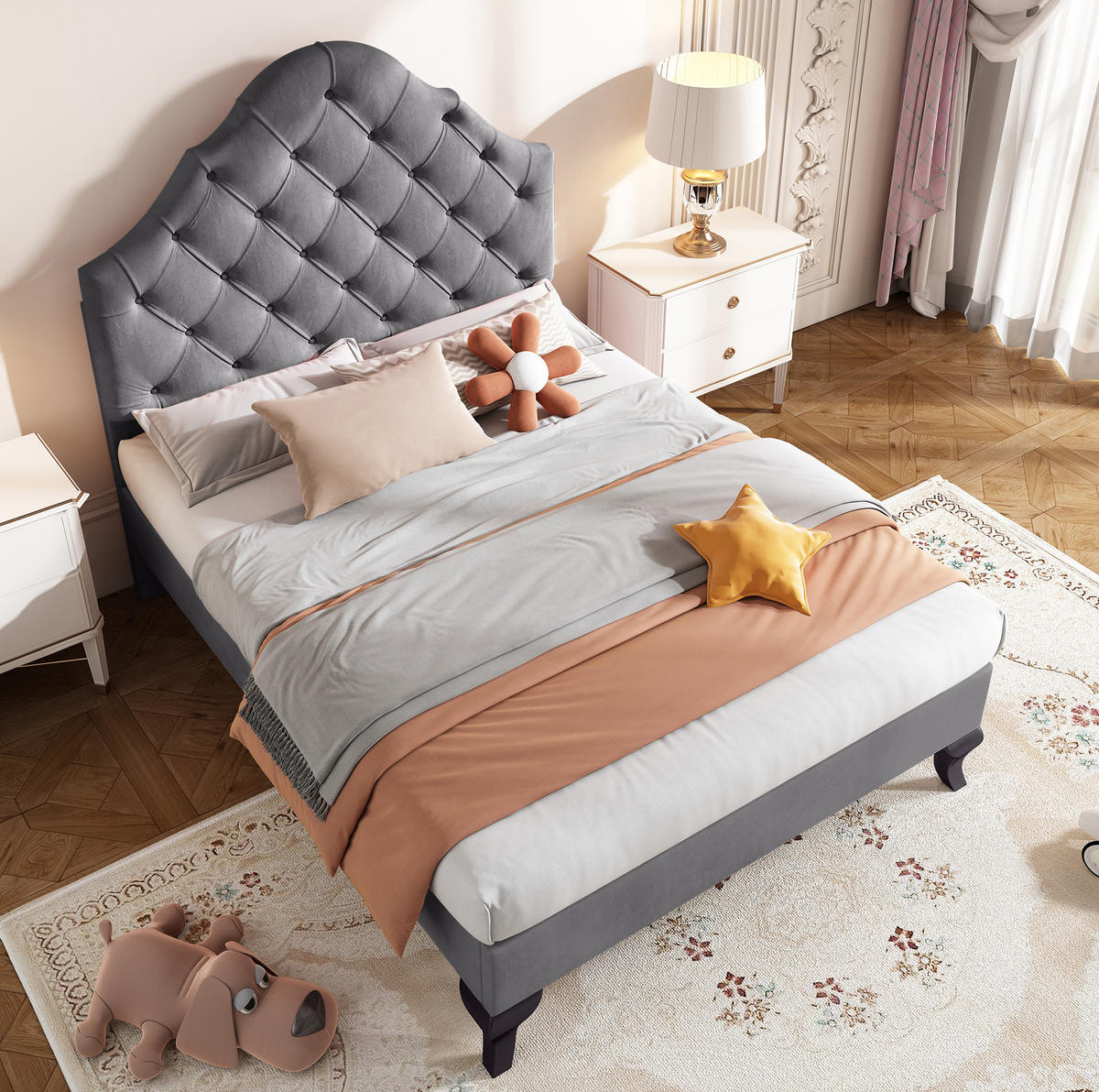 POLSTERBETT aus Samt 90x200 cm in Grau mit Lattenrost - Grau, Textil (90/200cm) - Modfu