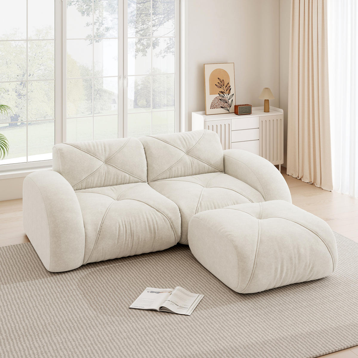 MODULSOFA 2-Sitzer mit Hocker, 32D-Schaumstoff und chenillebezogenem Komfort, Weiß - Weiß, Textil (204/76/171cm) - Redom