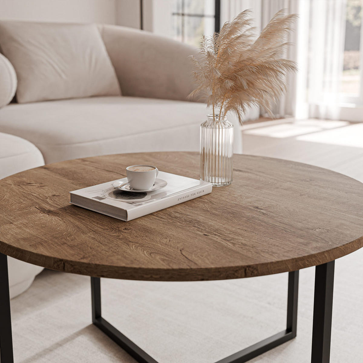 COUCHTISCH BESARO 75/47 cm runden, Schwarz / Lefkas-Eiche - Eichefarben/Schwarz, Metall (75/75/47cm) - Idohome