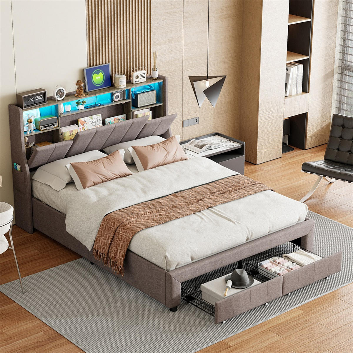 POLSTERBETT 160x200 cm mit LED-Ohrenkopfteil, Ablagefächern, Seitentaschen und 2 schubladen - ohne Matratze - Grau - Grau, Textil (160/200cm) - DELFA