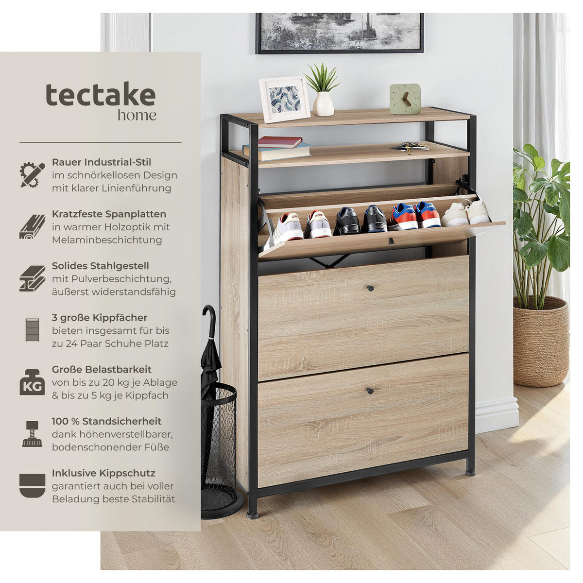 SCHUHSCHRANK Buffalo,inklusive Kippschutz, 81 x 32 x 130 cm,Industrial Holz hell, Eiche Sonoma - Naturfarben, Holzwerkstoff (32/130/81cm) - tectake