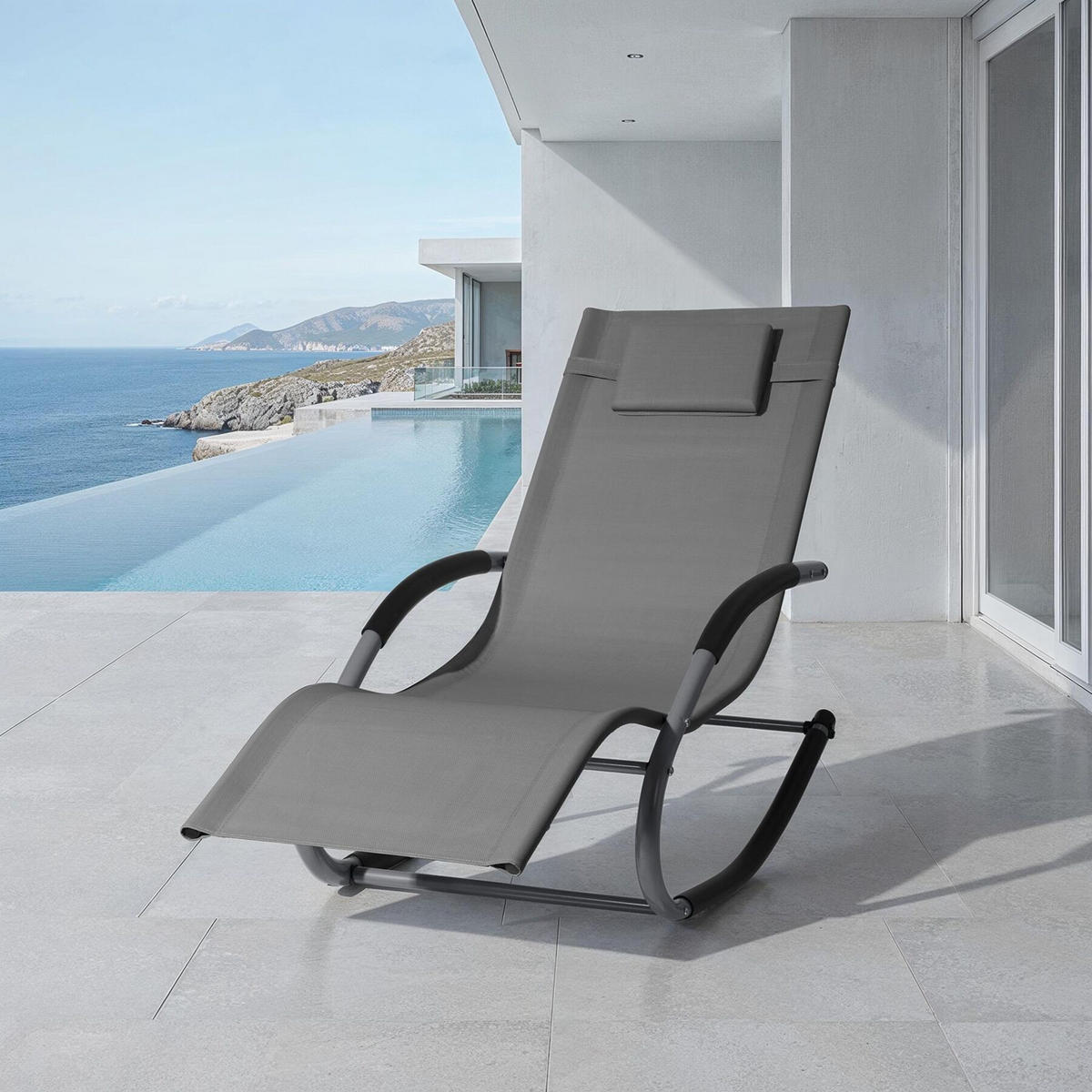GARTENLIEGE Taya,abnehmbares Kopfpolster, seitliche Aufbewahrungstasche,grau - Grau, Kunststoff (62/92/142cm) - tectake