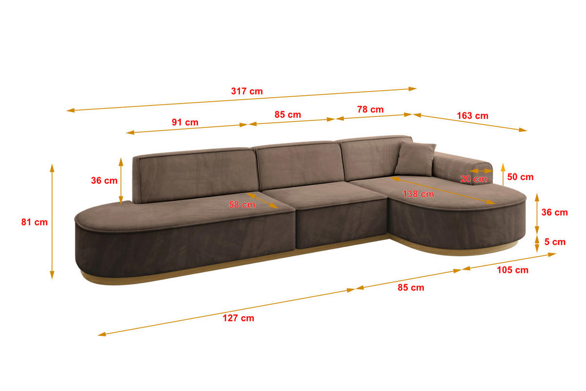 ECKSOFA Ottomane Rechts MARI-L2-v2 - 328x171x83 cm Braun Velours - Braun, Holzwerkstoff/Textil (171/328cm) - ALTDECOR