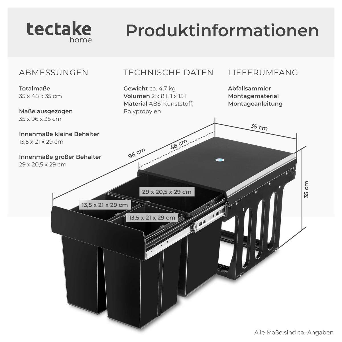 ABFALLSAMMLER Ashlyn,35 x 48 x 35 cm,schwarz - Schwarz, Kunststoff (35/35/48cm) - tectake