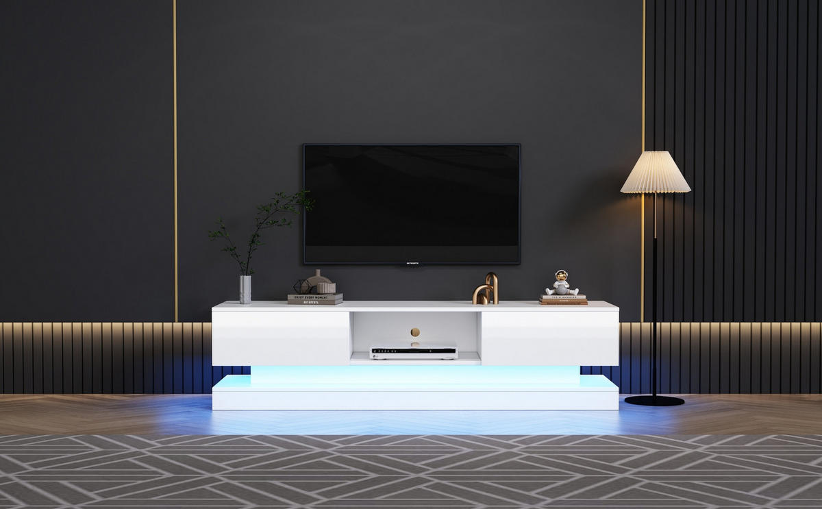 TV-LOWBOARD aus Spanplatte 160x35x40,5 cm Weiß mit LED-Beleuchtung, 2 Schubladen, App-Steuerung und Kabelmanagement - Weiß, Holzwerkstoff (160/40.5/35cm) - Modfu