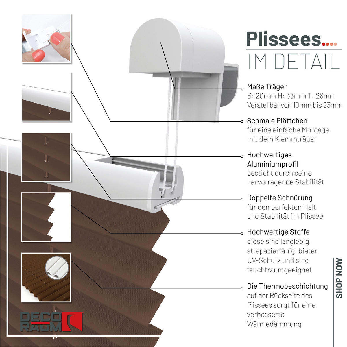 PLISSEE Thermo Basic 75 x 210cm Klemmfix ohne Bohren - Hellbraun, Textil (75/210/210cm) - Deco-Raum