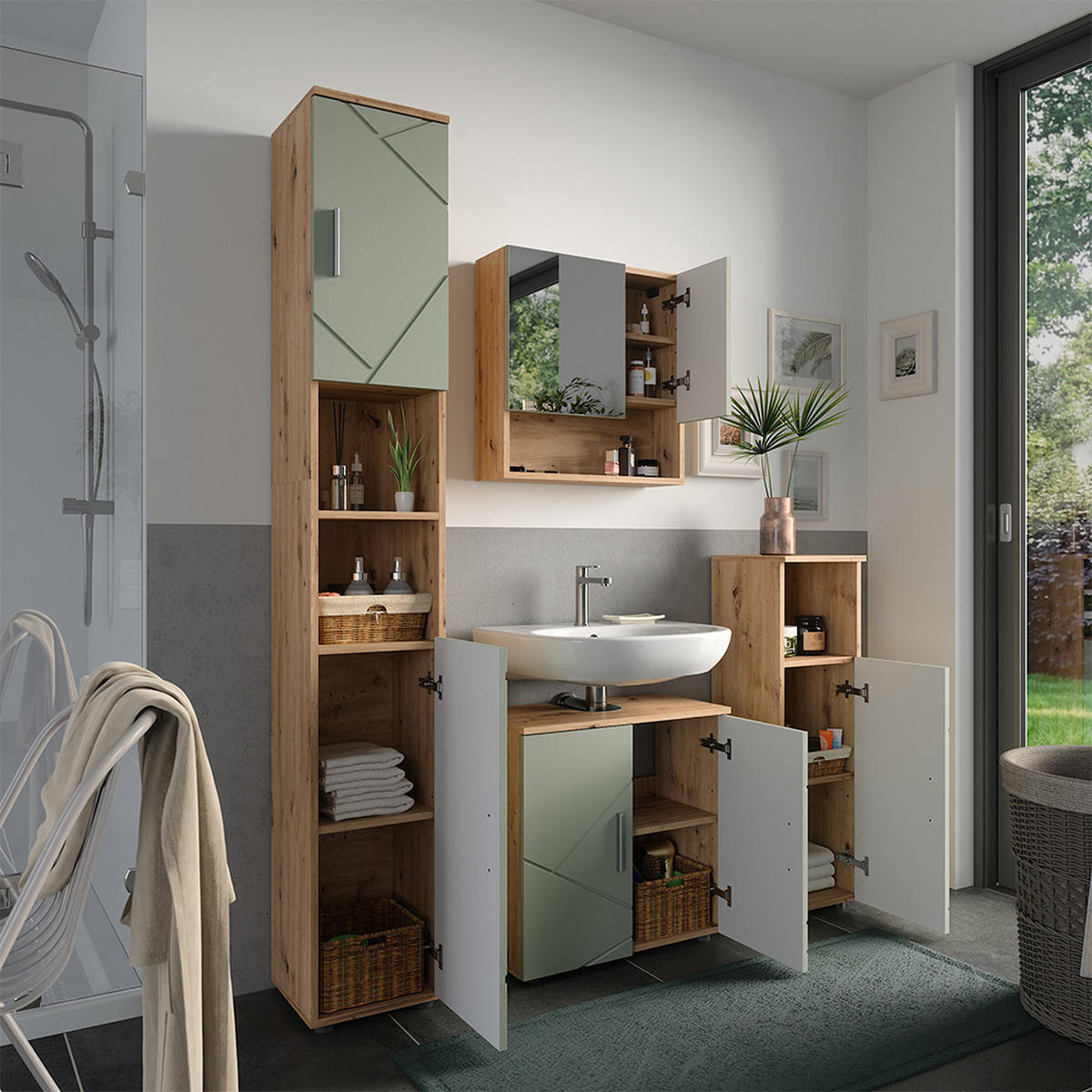 BADMÖBEL-SET Irma Salbeigrün 4 Teile - Salbeigrün, Holzwerkstoff (60/59/30cm) - Vicco