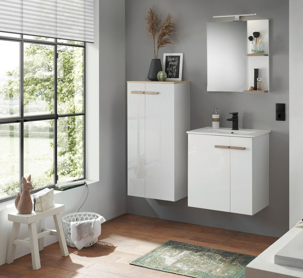 BAD-KOMMODE weiß Lack Hochglanz, Eiche, Midischrank hängend, stehend 51 x 110 cm - Weiß Hochglanz/Eichefarben, Holzwerkstoff/Kunststoff (51/115/30cm) - Furn.Design