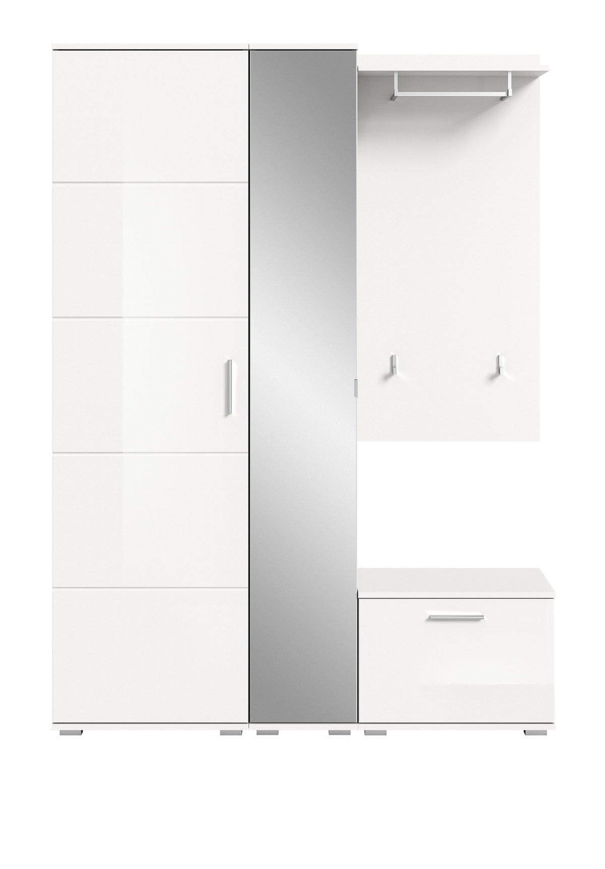 GARDEROBE Set 4-teilig weiß Hochglanz 140 cm, Kombination mit viel Stauraum - Weiß Hochglanz/Silberfarben, Glas/Holzwerkstoff (140/191/37cm) - Inn.Furn