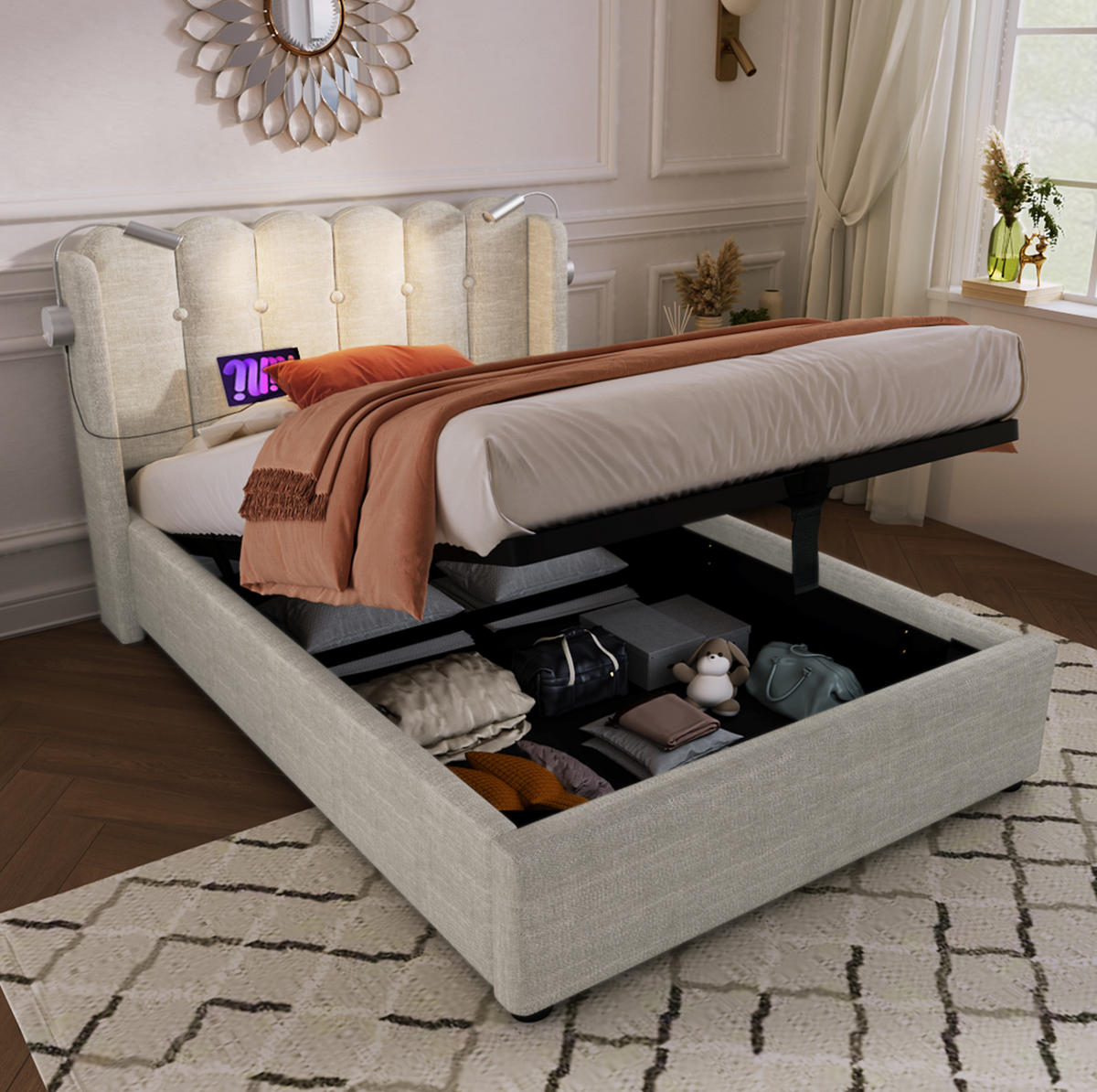 POLSTERBETT 90/200 cm Natürlich aus Leinen mit USB und Leselicht - Naturfarben, Textil (90/200cm) - OKMYHOME