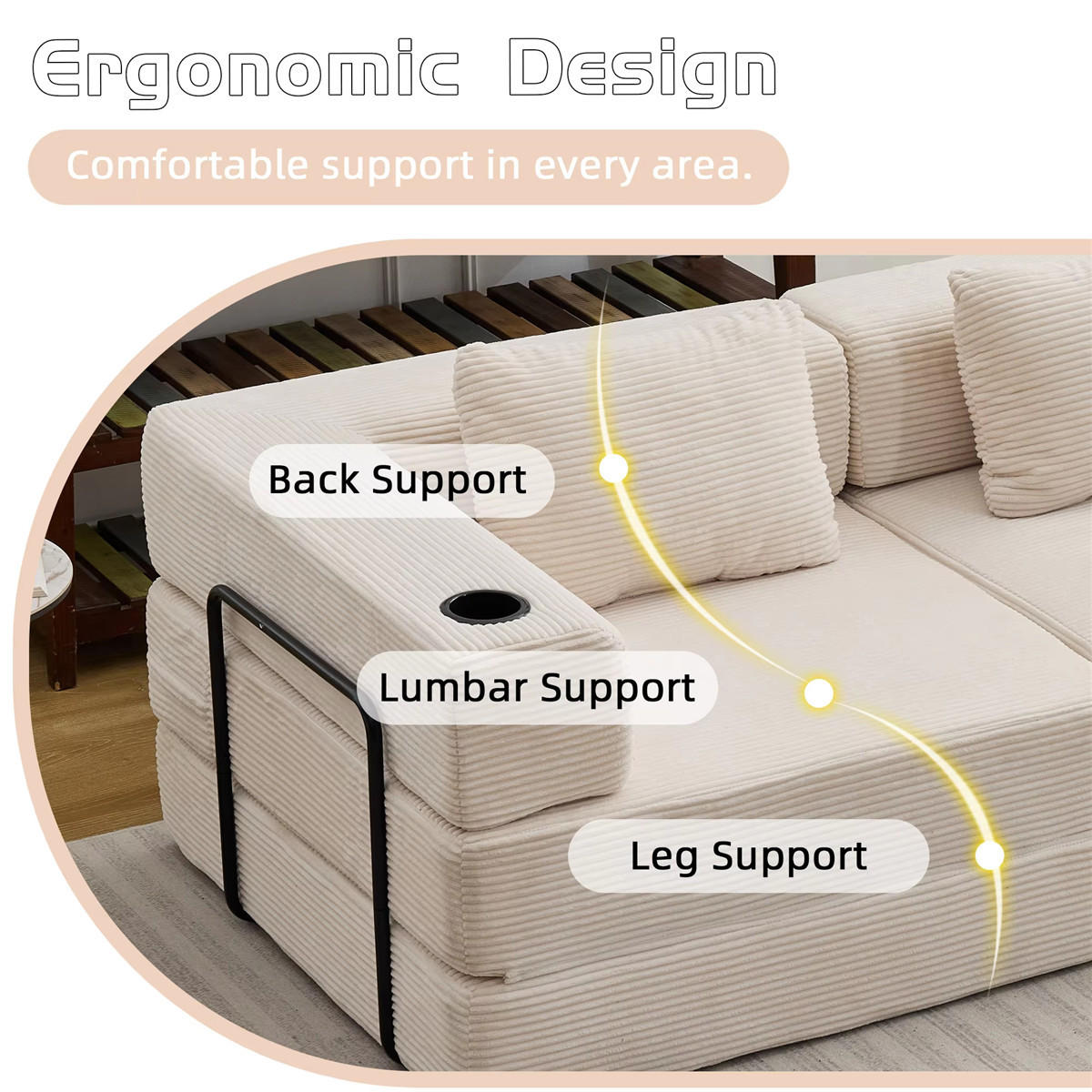 SCHLAFSOFA Cord 3-Sitzer mit Getränkehaltern und Schlaffunktion - Beige, Textil (300/63/100cm) - Kaket