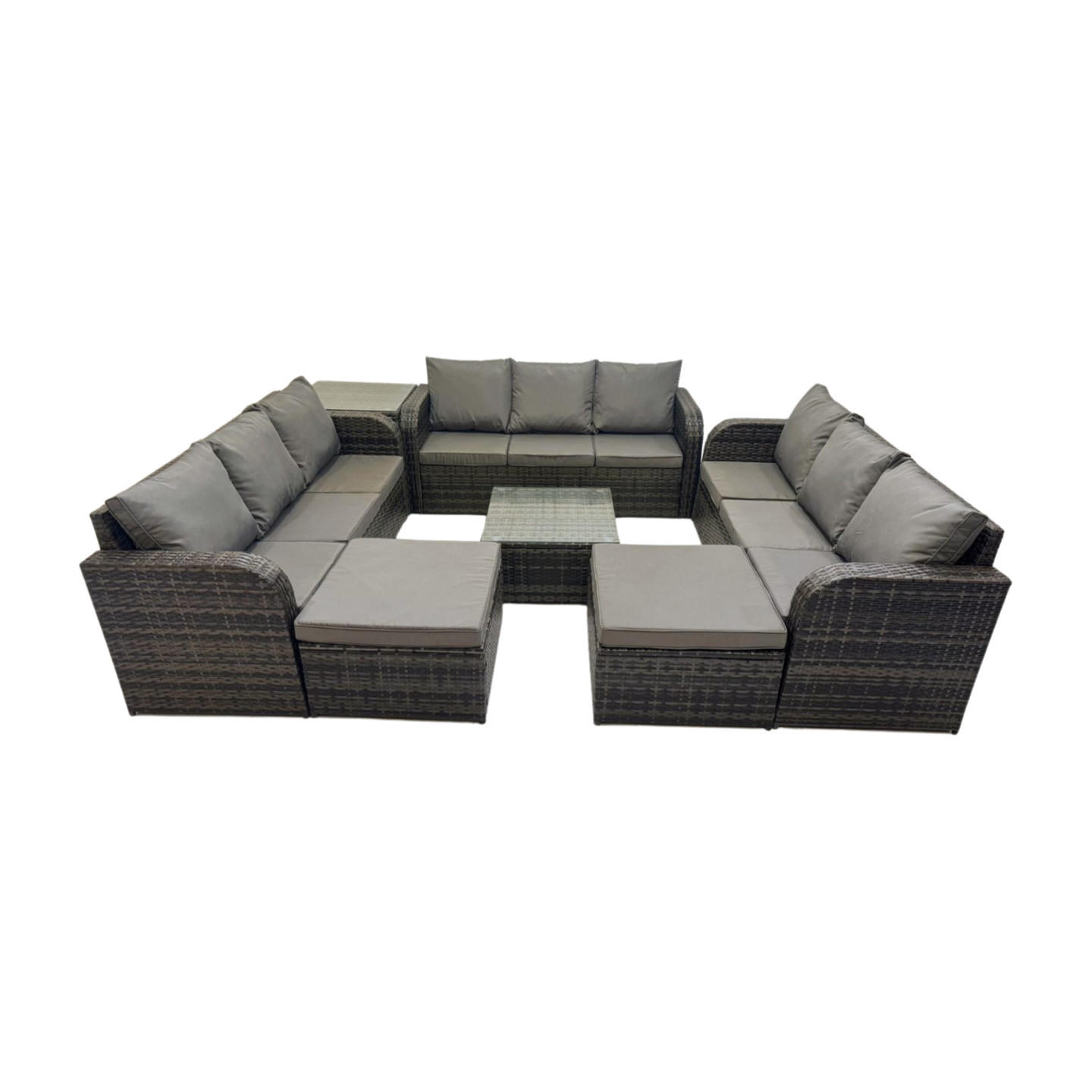 GARTENMÖBELGARNITUR mit KISSEN Polyrattan Dunkelgrau 11-Sitzer - Dunkelgrau/Grau, Glas/Kunststoff - Fimous