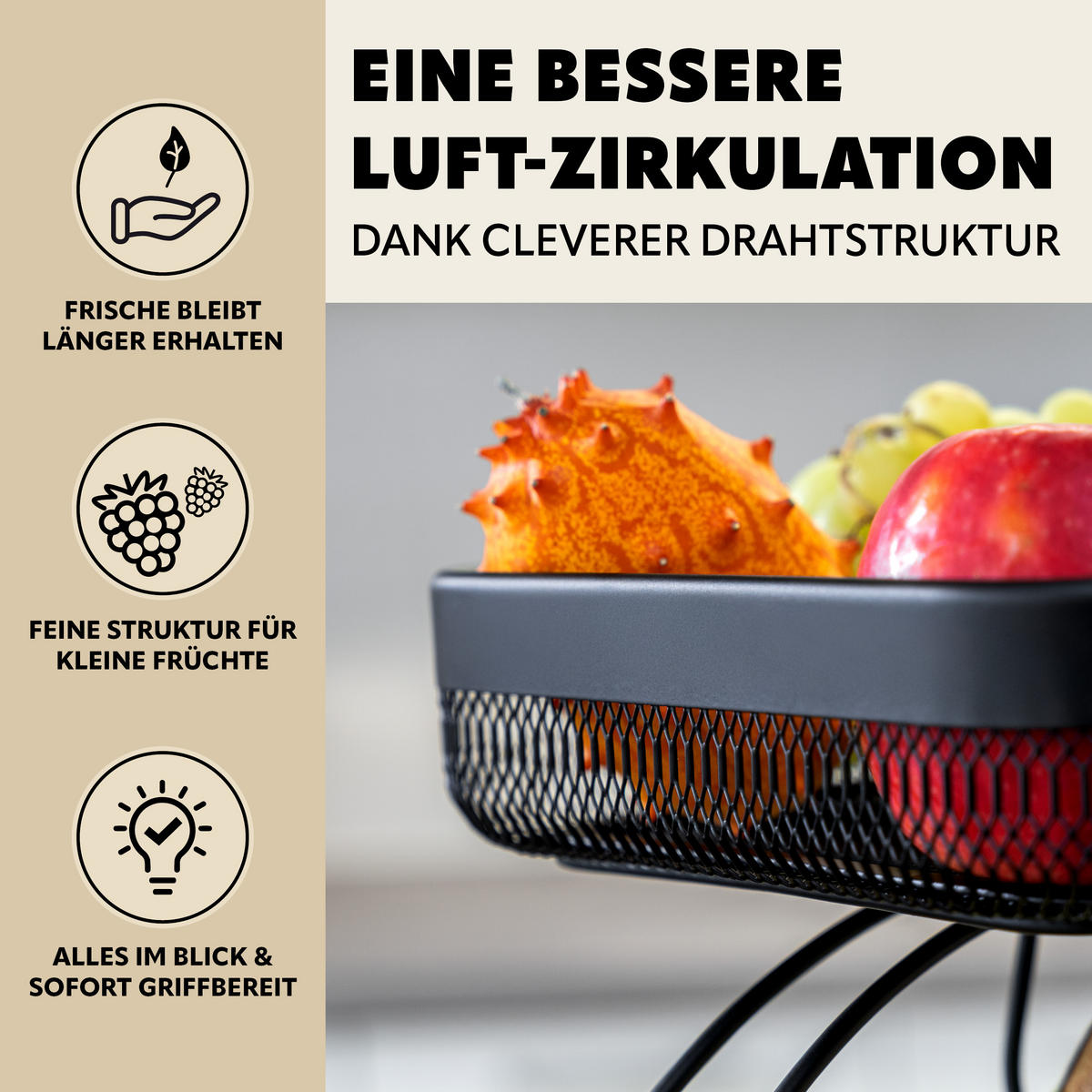 OBSTETAGERE mit Bananenhalter, schwarz, eckig - Schwarz, Metall (31/38.5cm) - eluno