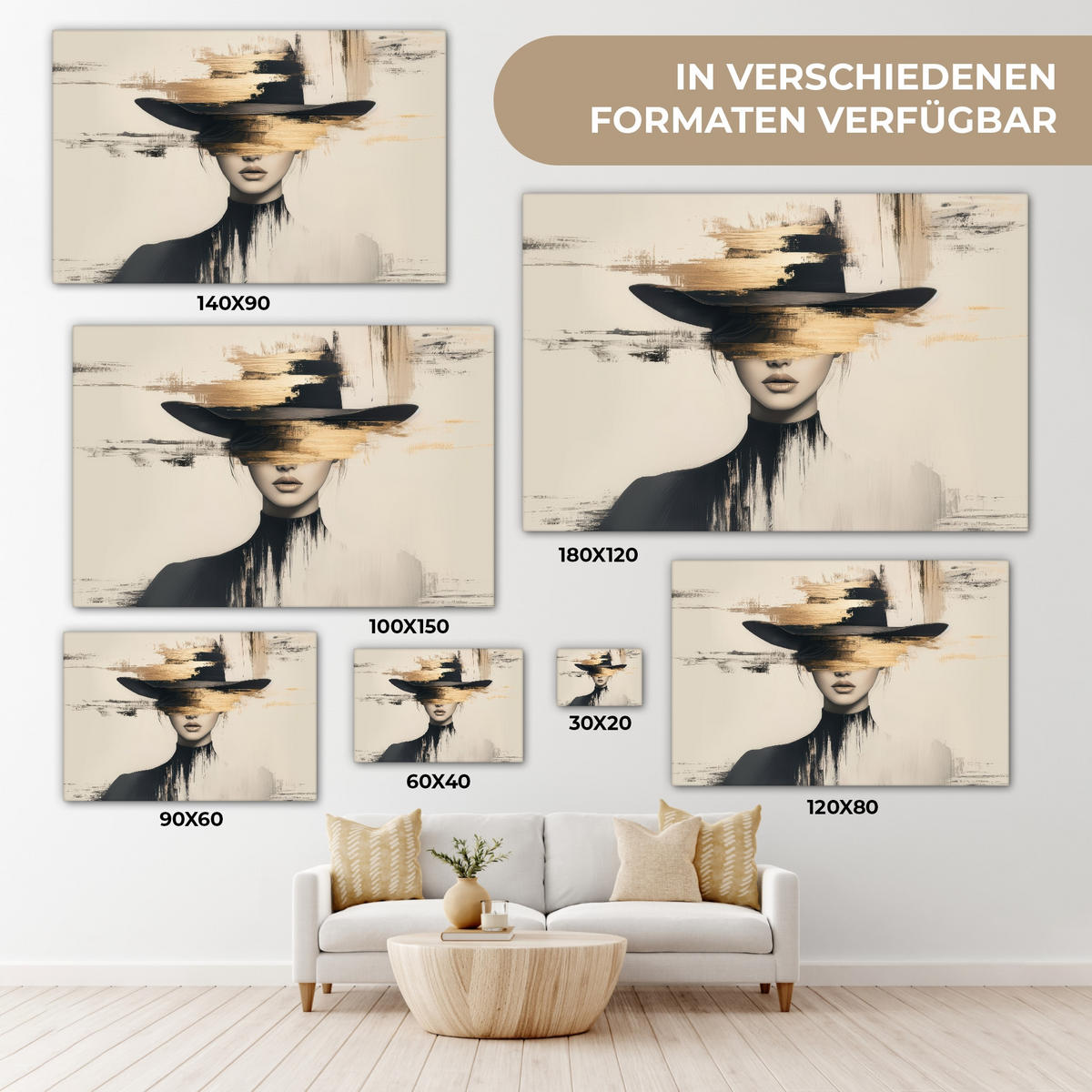 LEINWANDBILD Frau - Hut - Farbe Gemälde 60x40 cm - Goldfarben, Textil (60/40cm) - MuchoWow