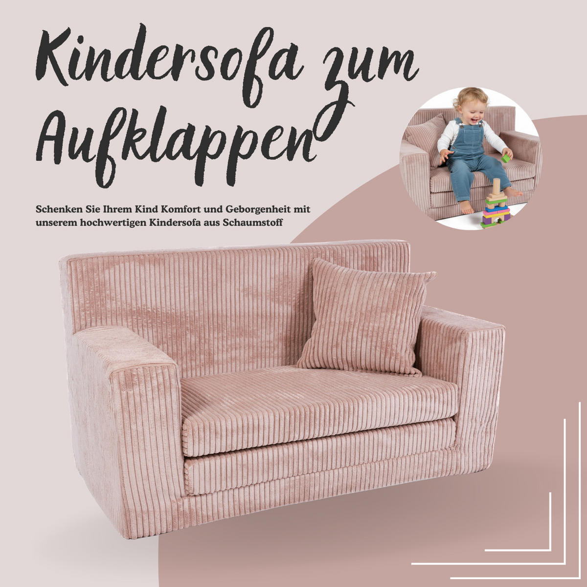KINDERSOFA aus Kuschel-Cord in Altrosa - Altrosa, Textil (83/47/43cm) - Fortisline
