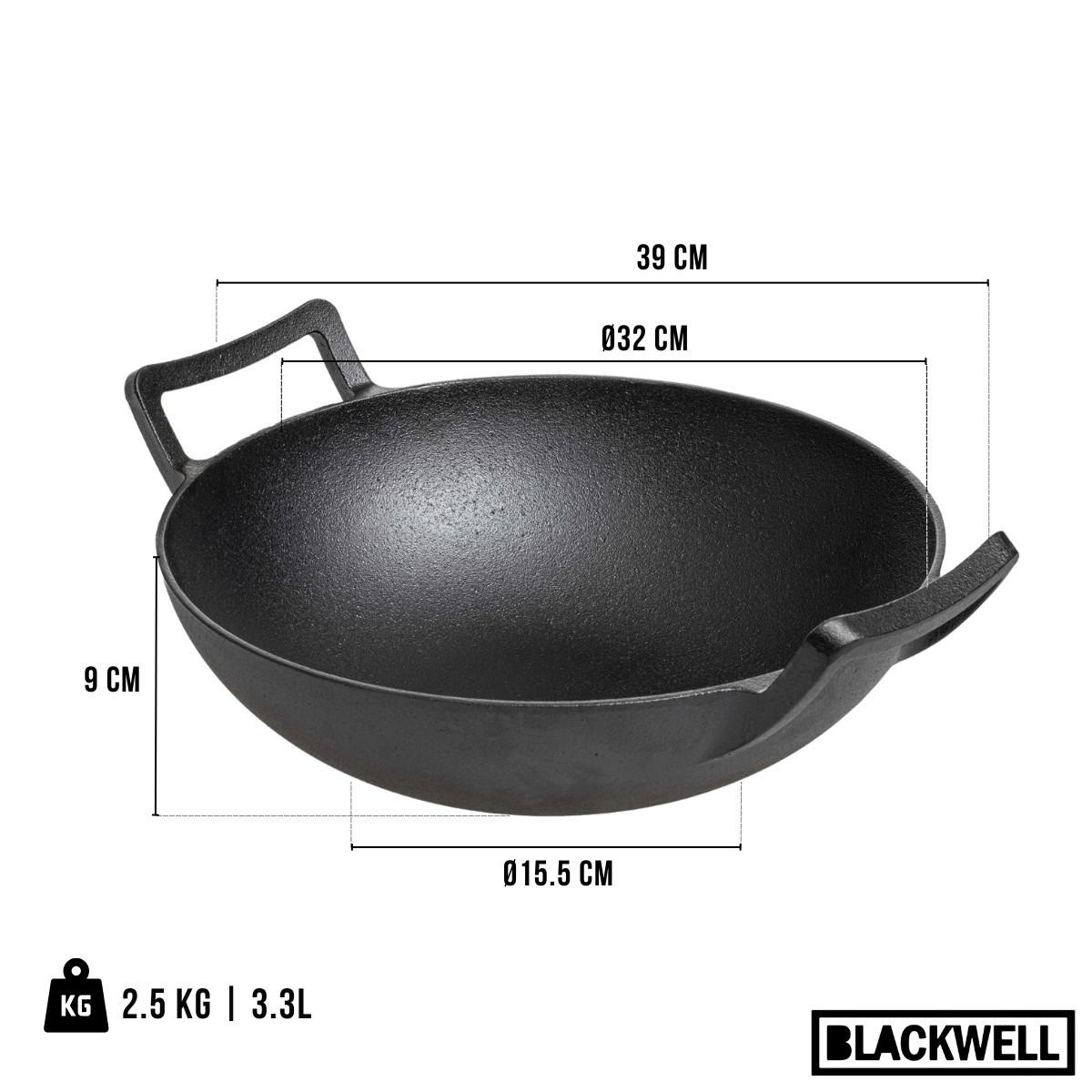 WOKPFANNE Gusseisen Ø 32 cm / 3.3 Liter – ohne Antihaftbeschichtung – geeignet für alle Wärmequellen - Schwarz, Keramik (32cm) - Blackwell