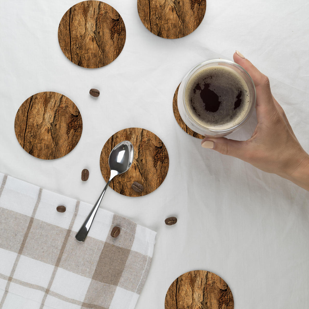 GLASUNTERSETZER 6er-Set Rund Baumstamm - Holz - Textur 10x10 cm - Wildeiche, Naturmaterialien (10/0.2cm) - MuchoWow