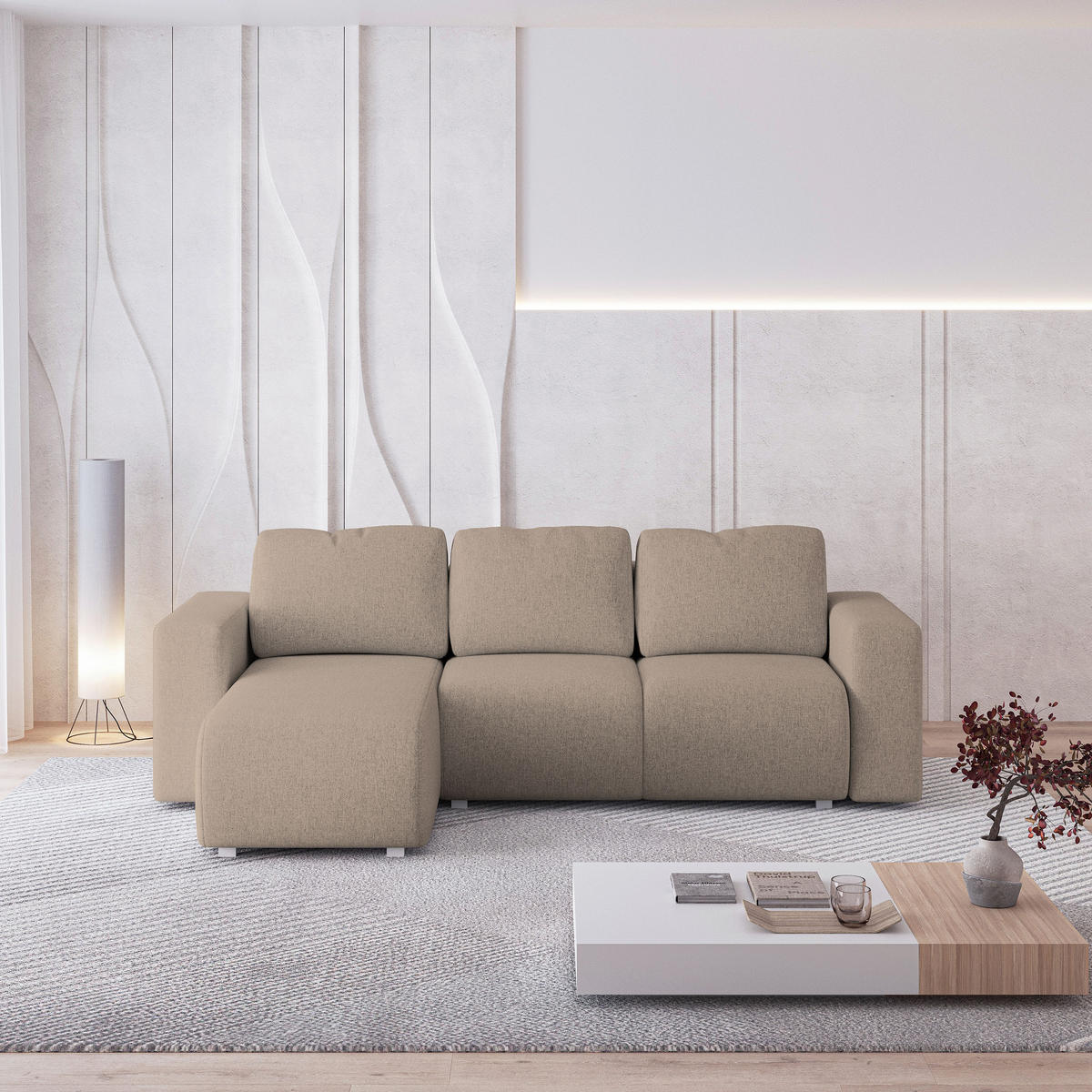 ROHOVÁ SEDAČKA RINOVA béžová - šedá/béžová, dřevo/textil (250/143cm) - MASSENO