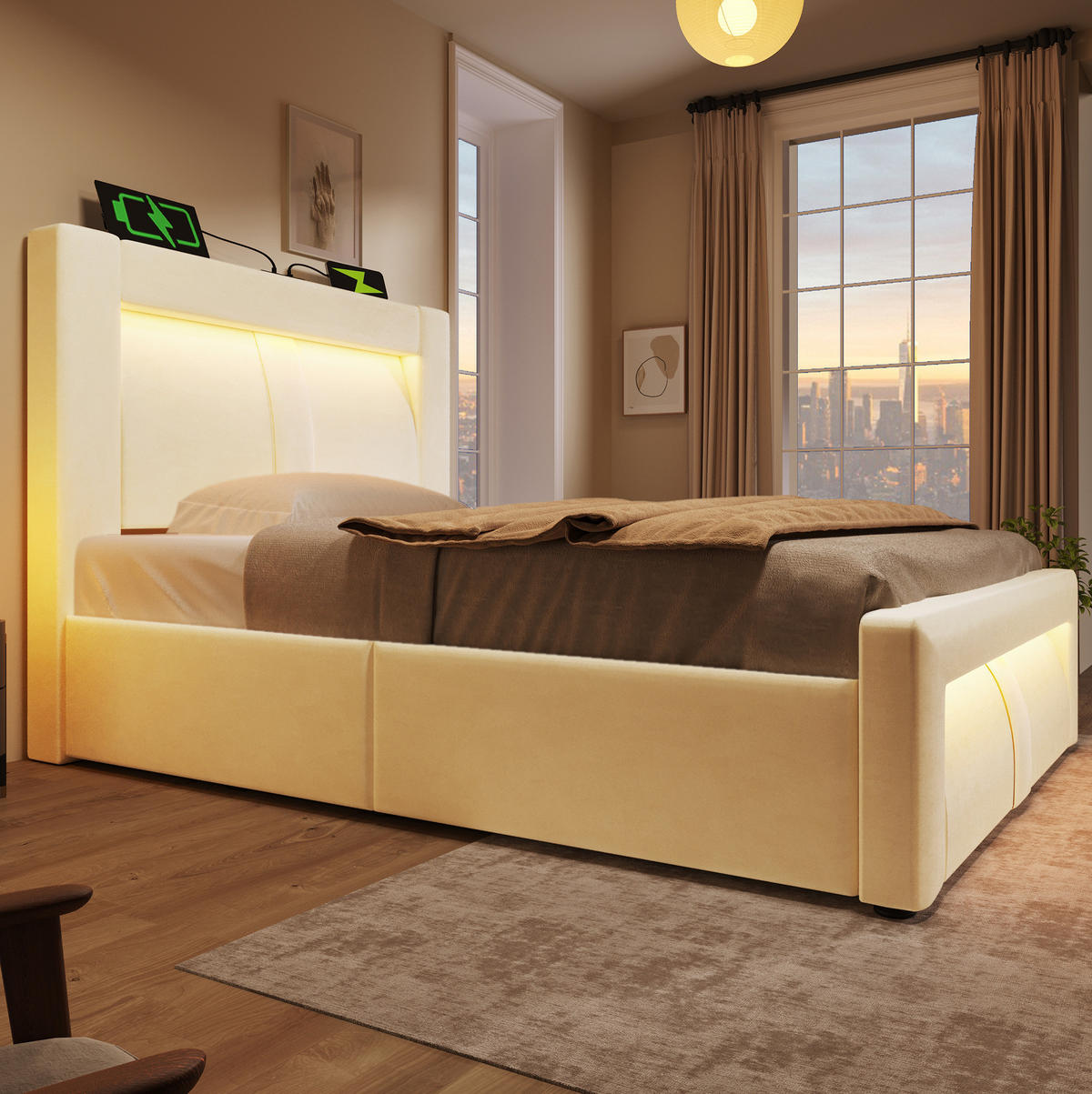 BETT mit Stauraum 90x200 cm Samt Beige inkl. Matratze - Beige, Metall (90/200cm) - Meubliv