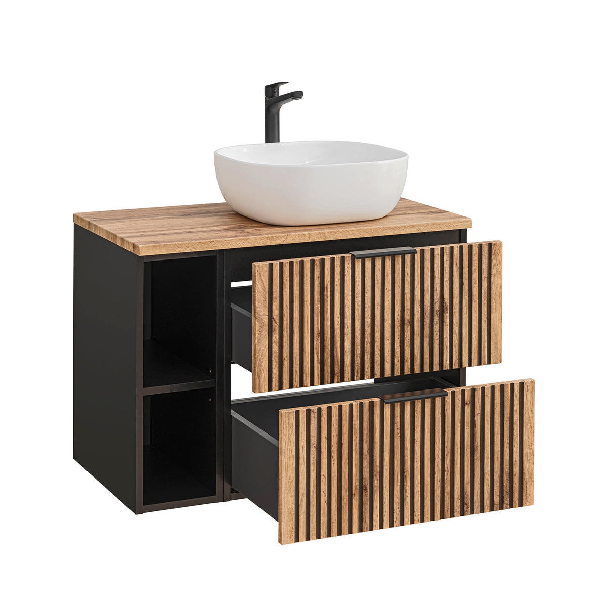 BADMÖBEL 80.6cm Gaia 2er-Set Holz in Eichenoptik und Schwarz - Schwarz, Holzwerkstoff (80.6/59/46cm) - Petits-meubles