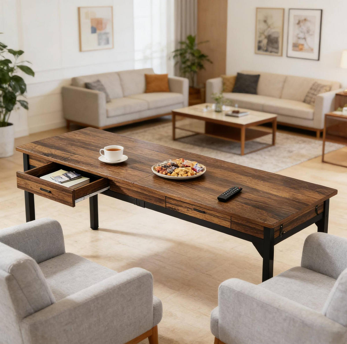 DOPPELSCHREIBTISCH 200 x 60 x 82 cm Holzoptik Rustic Brown mit 2 Schubladen - Schwarz, Metall (200/60/82cm) - Meubliv