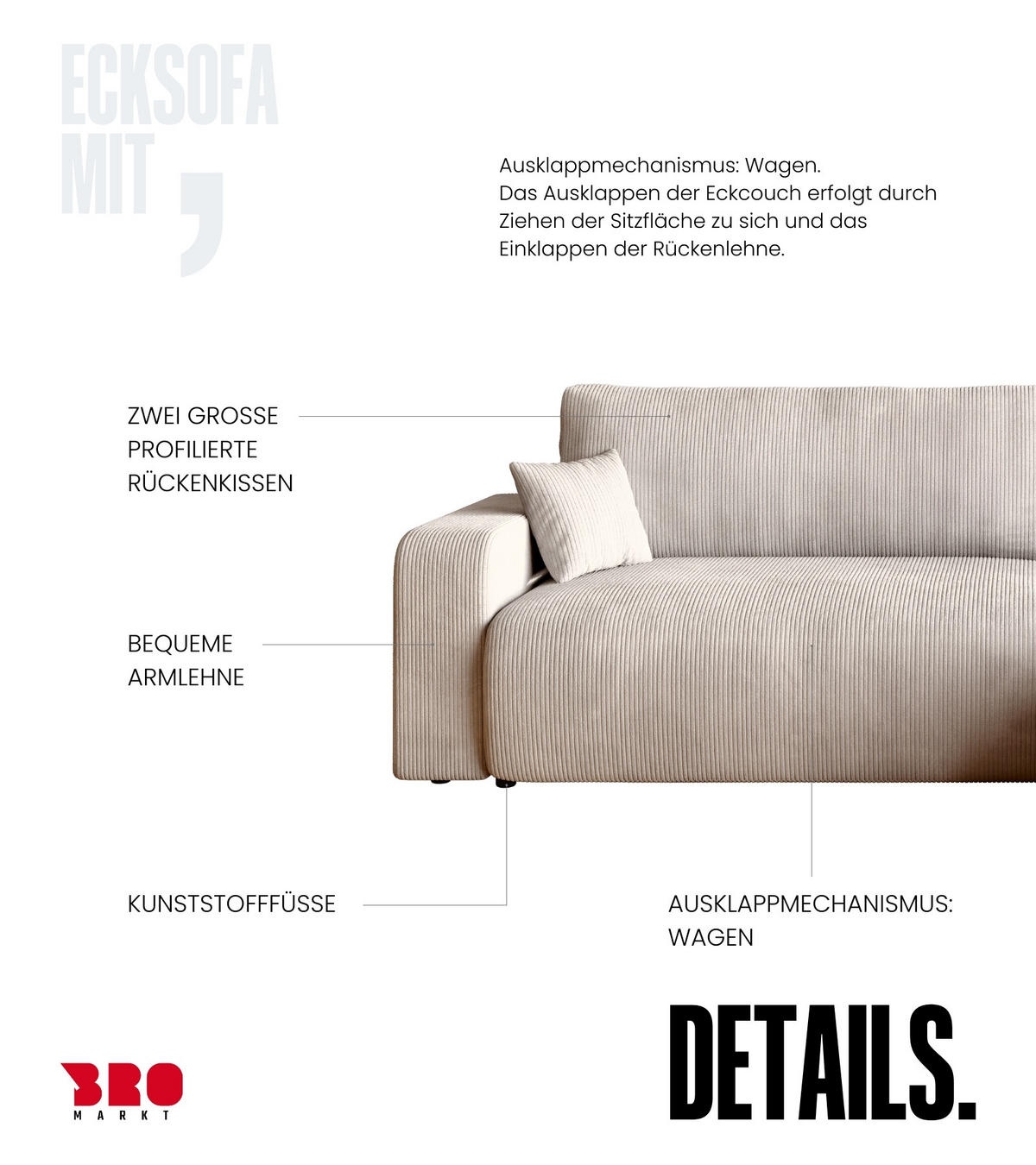 ECKSOFA PUMI XL mit Schlaffunktion Vanille Cord - Creme, Textil (274/148cm) - Bromarkt