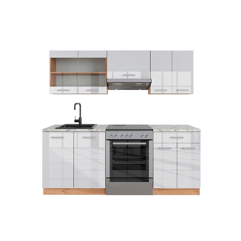 KÜCHENZEILE R-Line Weiß Hochglanz/Goldkraft Eiche 200 cm, AP Marmor - Weiß Hochglanz/Eiche Wotan, Holzwerkstoff (200/81.6/60cm) - Vicco