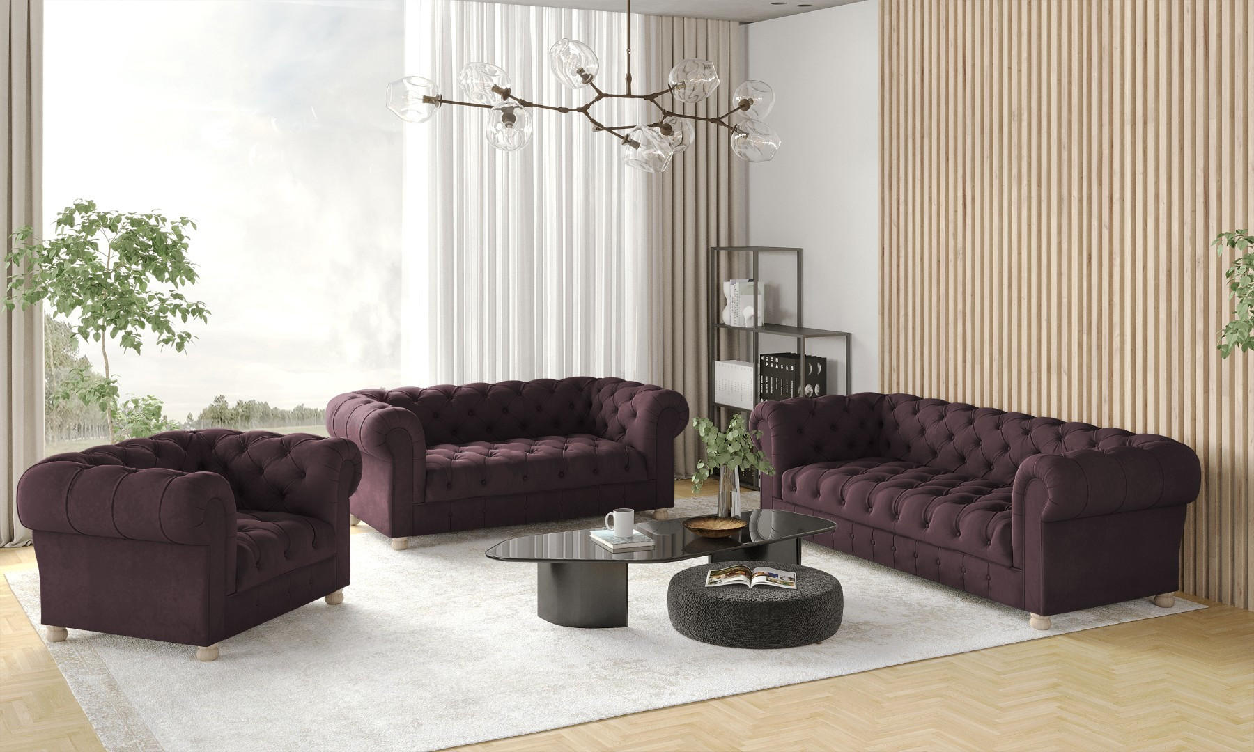 SITZGARNITUR 3+2+1 CHESTERFIELD Elegant Klassisch Schick Stoff Whisper Velours Stoff Rotwein - Rot, Holz/Textil (202/77/90cm) - Kaiser Möbel