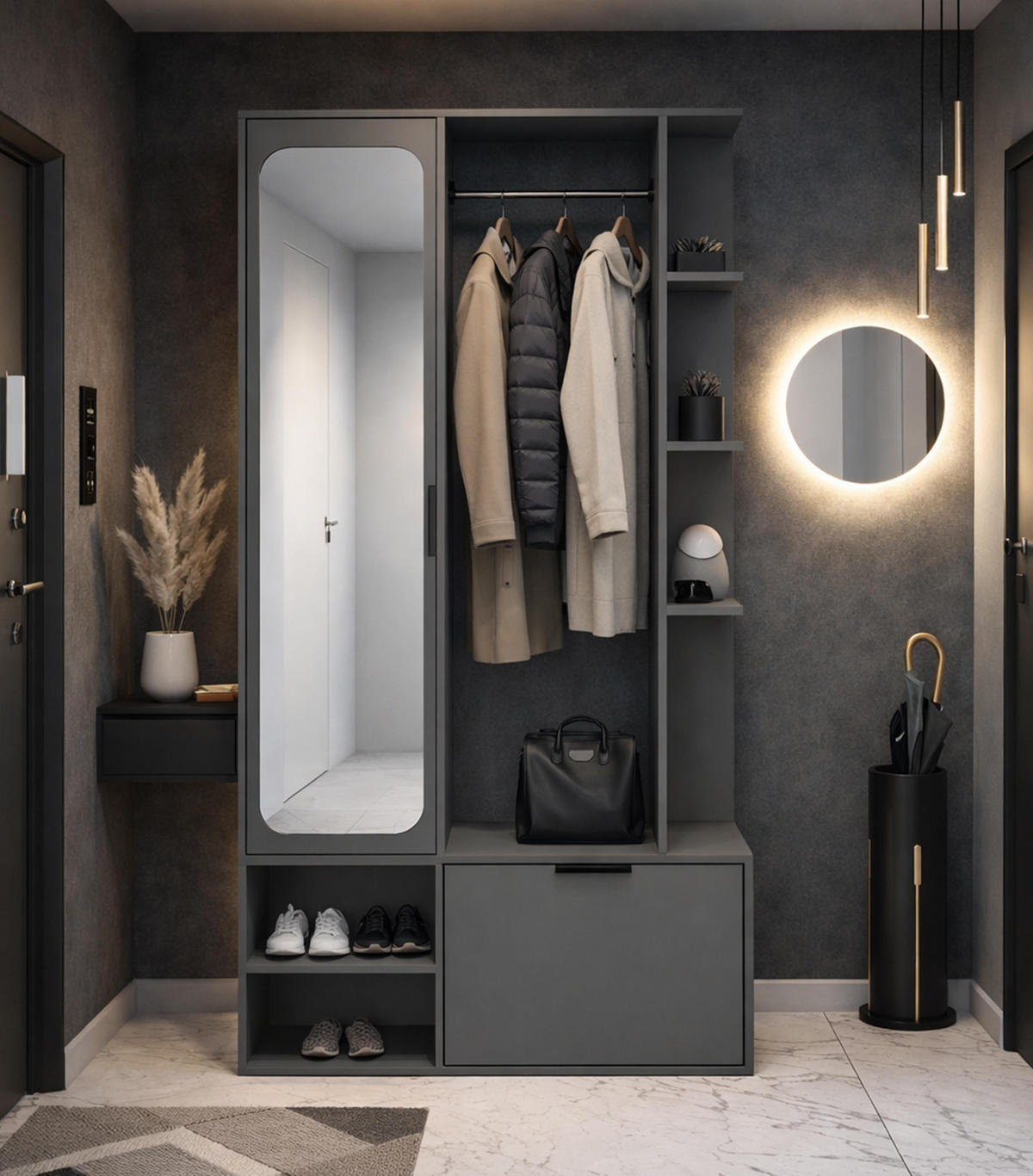 GARDEROBENSCHRANK Nemrut Grau 100/189/33 cm – Modern, mit Spiegel und viel Stauraum - Grau, Holzwerkstoff/Kunststoff (100/189.4/33cm) - AX Living
