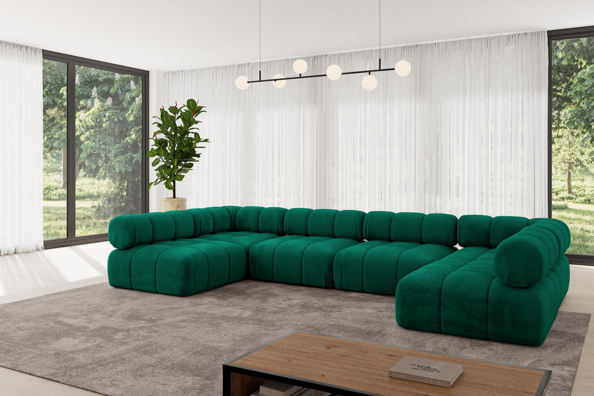 WOHNLANDSCHAFT modulares Sofa Garvo-U2 - 380x190x70 cm Dunkelgrün Velours - Dunkelgrün, Holzwerkstoff/Textil (380/70/190cm) - ALTDECOR