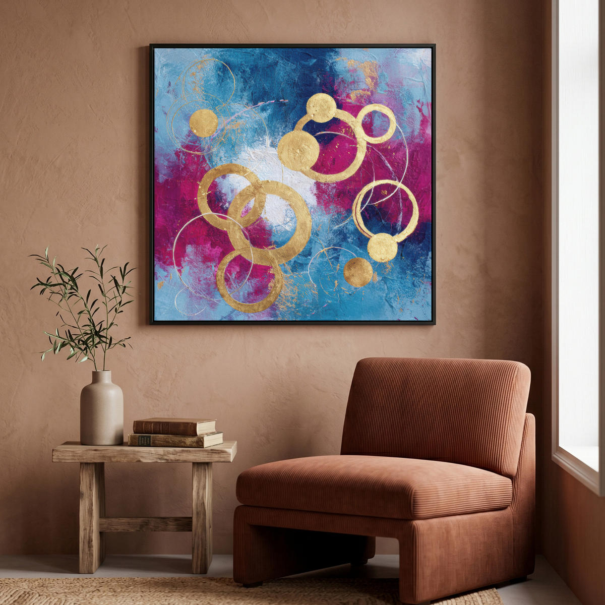 LEINWAND Bilder mit Rahmen - Kreise - Gold - Abstrakt - 90x90 - Blau, Textil (90/90cm) - MuchoWow