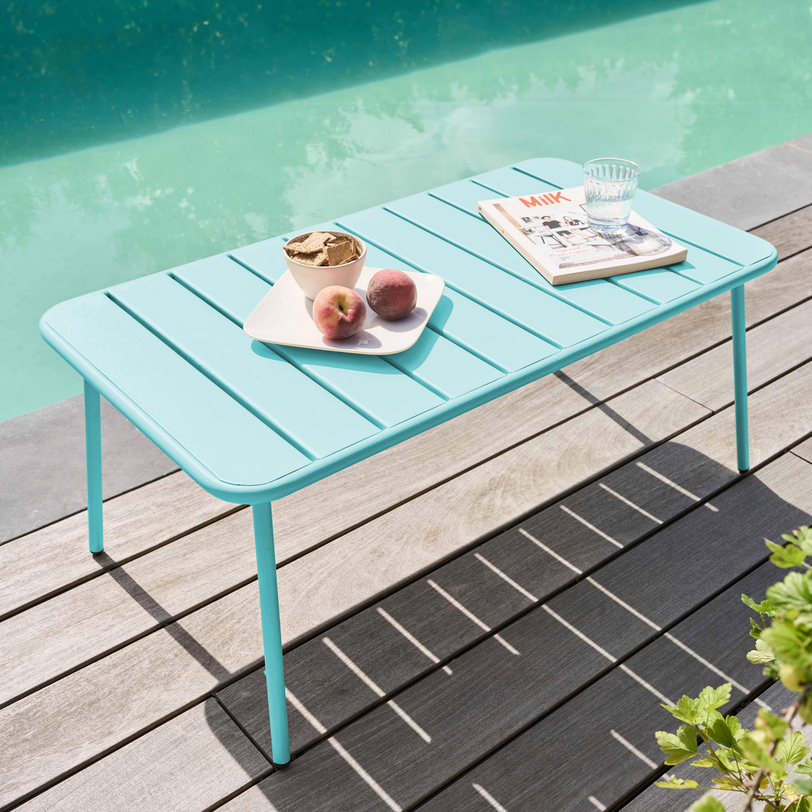 GARTEN-LOUNGETISCH, Türkisblau - Hellblau, Metall (90/50/40cm) - Oviala