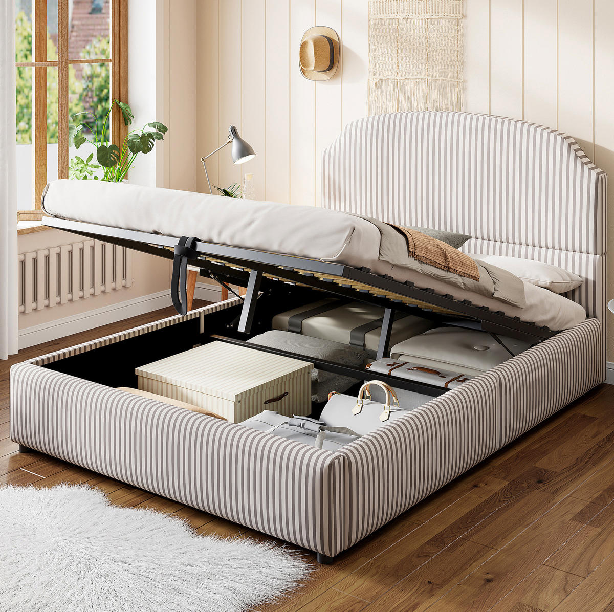 POLSTERBETT aus Stoff 140x200 cm Weiß/Anthrazit mit hydraulischem Bettkasten und großem Kopfteil - Weiß, Textil (140/200cm) - Modfu