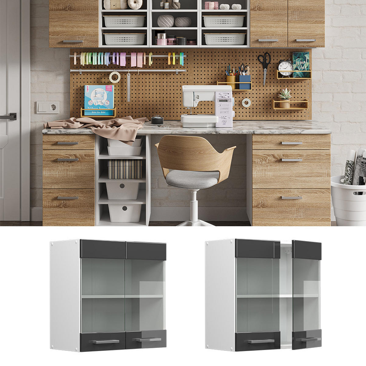 UNIVERZÁLNÍ NÁSTĚNNÁ SKŘÍŇKA R-Line Antracitový vysoký lesk - bílá/vysoce lesklá černá, kompozitní dřevo (60/60/31cm) - Vicco