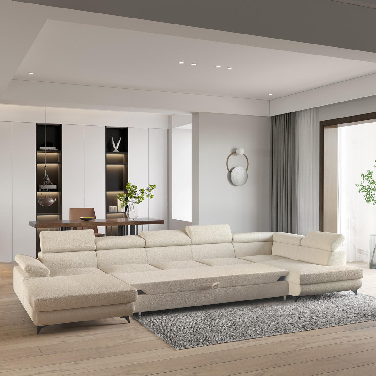 WOHNLANDSCHAFT MONTIVA Creme Boucle-Stoff mit Schlaffunktion - Creme, Holz (410/89/190cm) - MASSENO