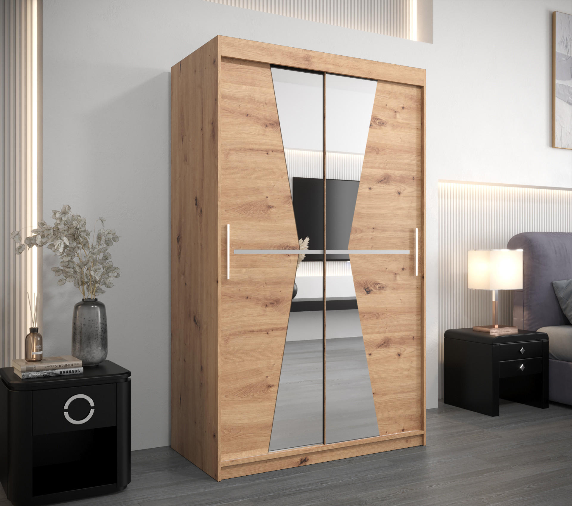 SCHWEBETÜRENSCHRANK 200/120/62 2-türig - Silberfarben/Eiche Artisan, Holz/Kunststoff (120/200/62cm) - MÖBEL KRYSPOL