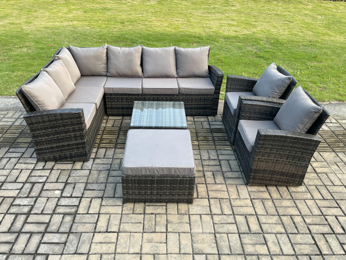 BALKONMÖBEL-SETS mit Ecksofa,Quadratischer Couchtisch,2 Sesseln,Hocker Polyrattan Dunkelgrau 9-Sitzer - Dunkelgrau/Grau, Glas/Kunststoff - Fimous