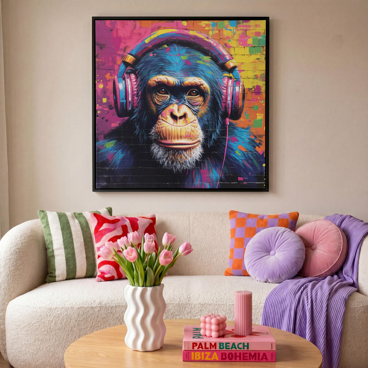 LEINWAND Bilder mit Rahmen - Graffiti - Schimpanse - Straßenkunst - Kopfhörer - Affe - 90x90 - Blau, Textil (90/90cm) - MuchoWow