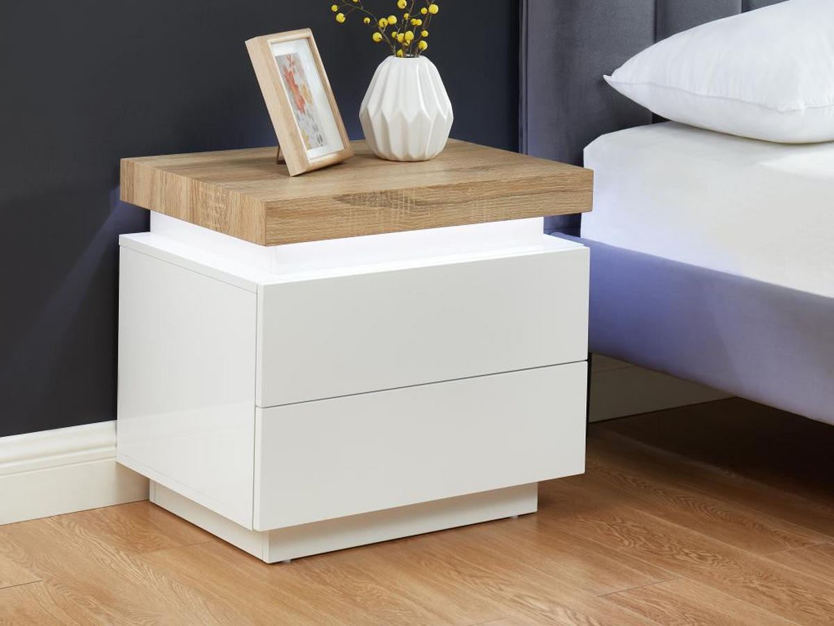 2ER-SET Nachttische mit 2 Schubladen & LEDs - MDF lackiert - Weiß & Eichefarben - HALO II - Naturfarben, Holz (40/50/55cm) - Vente-Unique