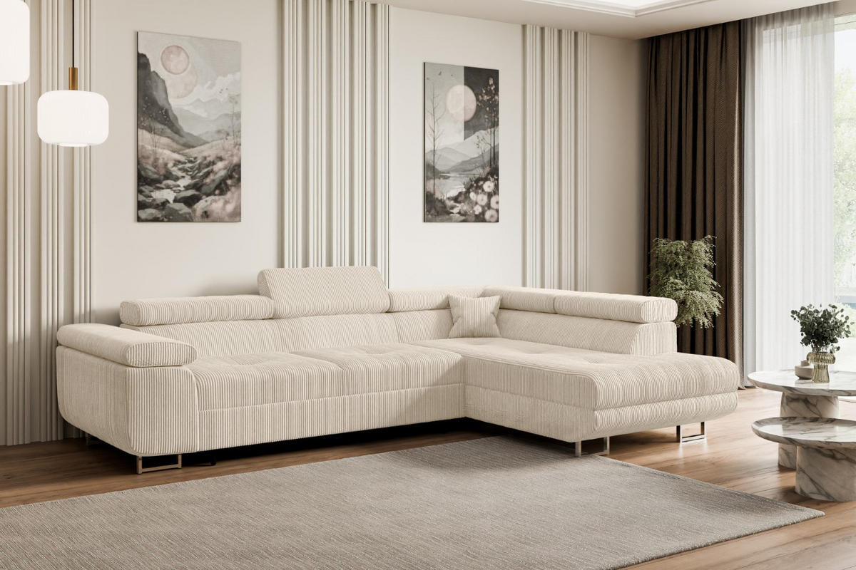 ECKSOFA mit Schlaffunktion und Bettkasten GUSA-L 272x202x107 cm Beige Cord - Beige/Silberfarben, Holzwerkstoff/Textil (272/202cm) - ALTDECOR