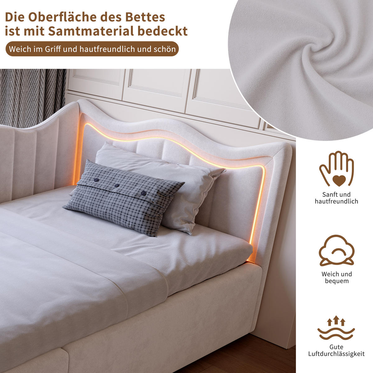 TAGESBETT 90/200 cm mit hydraulischem Stauraum, Samtstoff - Beige, Holz/Metall (180/200cm) - PARAFTA HOME