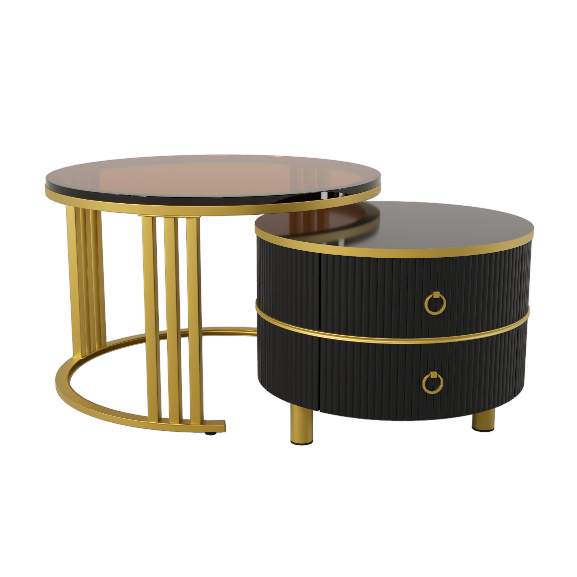 COUCHTISCH-SET in Schwarz und Braun mit 2 Schubladen und gehärtetem Glas für Wohnzimmer, B70/T70/H45 cm - Goldfarben/Schwarz, Holzwerkstoff/Kunststoff (70/70/45cm) - STILVORA