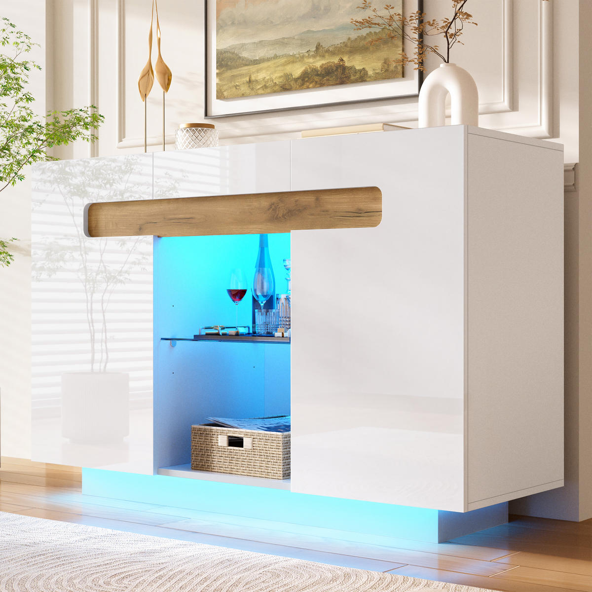 SIDEBOARD LED Hochglanz 4 Regale offene Fächer Weiß Natur 120cm - Multicolor, Glas (120/80/40cm) - FLIEKS