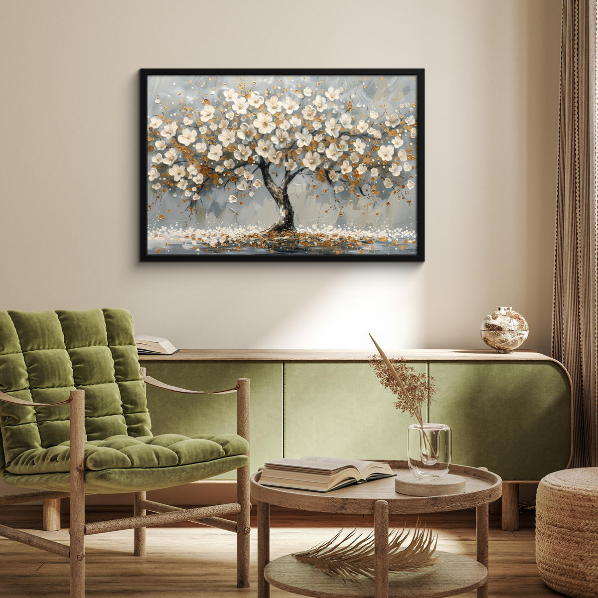 POSTER MIT RAHMEN Baum - Blumen - Weiß - Natur - Kunst 90x60 cm - Weiß, Papier (90/60cm) - MuchoWow