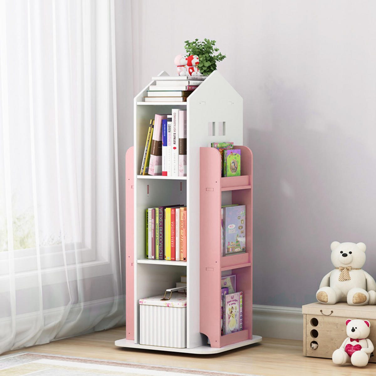 KINDERBÜCHERREGAL aus WPC-Platte in Weiß Rosa Drehbar Hausform Praktisch Sicher für Kinder 41 x 41 x 95 cm - Weiß/Rosa, Holzwerkstoff (41/96/41cm) - Livingandhome