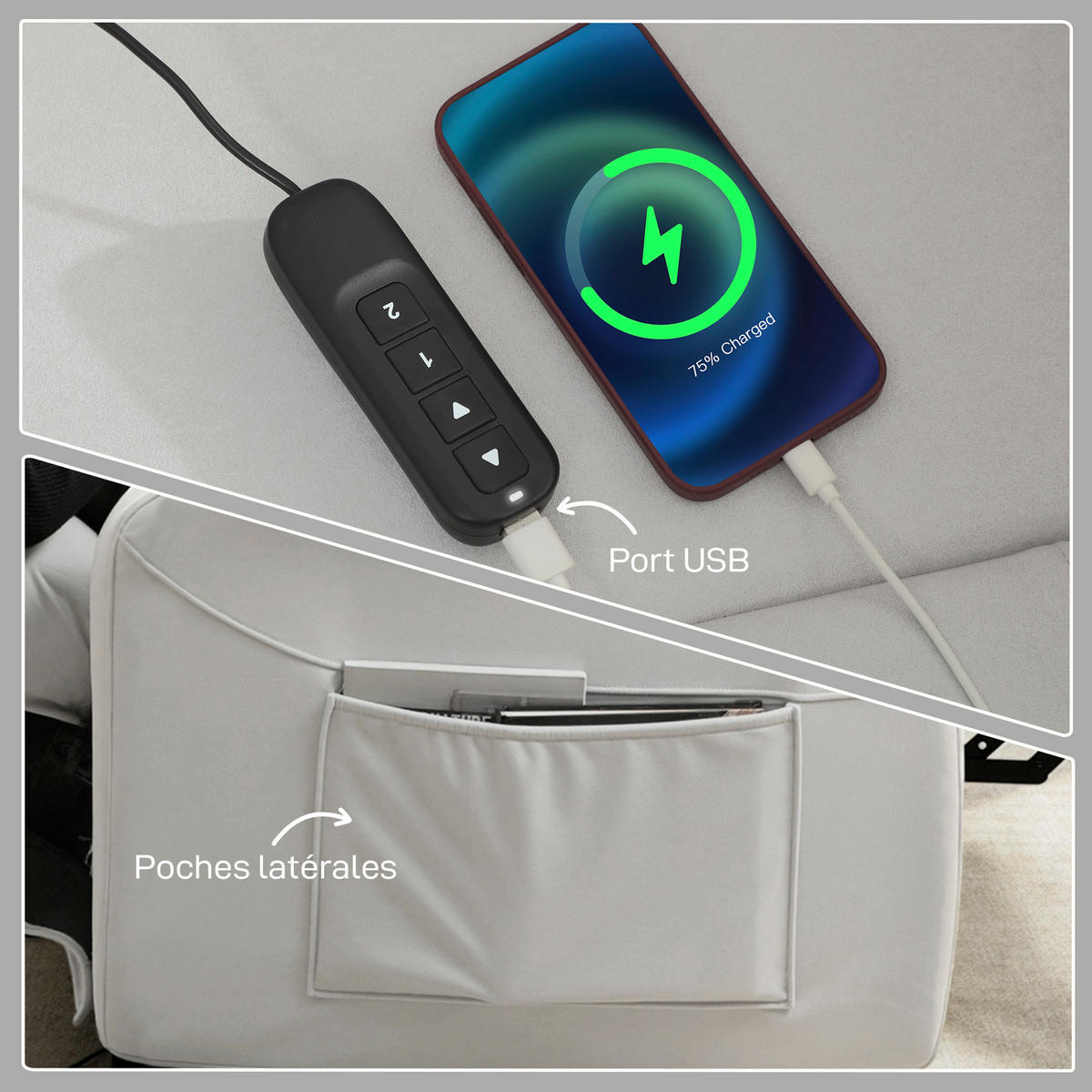 RELAXSESSEL DE-15436 elektrisch neigbar mit USB und Fußstütze Creme - Creme, Metall (90/103/96cm) - ComfortXL