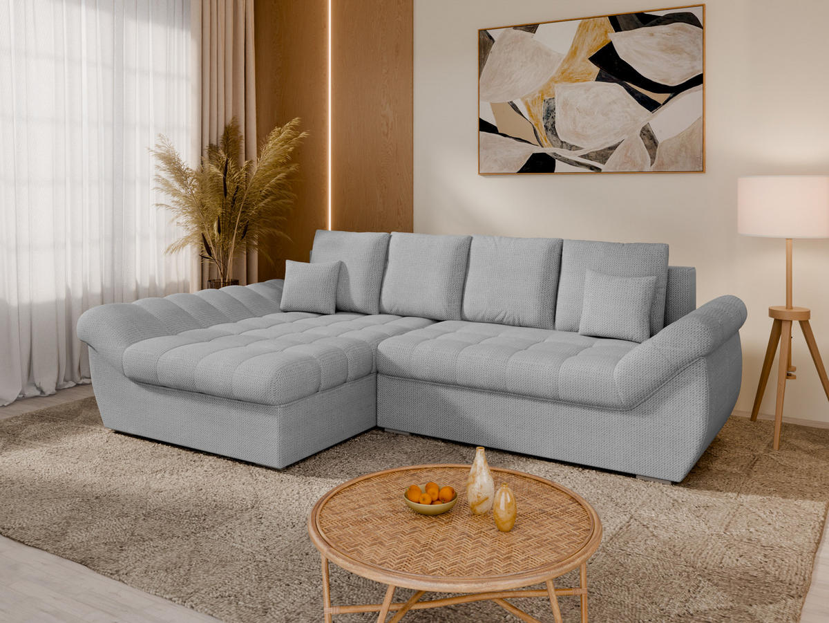 ECKSOFA ZAYA mit Schlaffunktion L-Form, Sofa mit Bettkasten, Wohnzimmersofa, Couch, Soffa, Bettsofa, LINKS- Hellgrau - Hellgrau, Holz (279/175cm) - Homesy